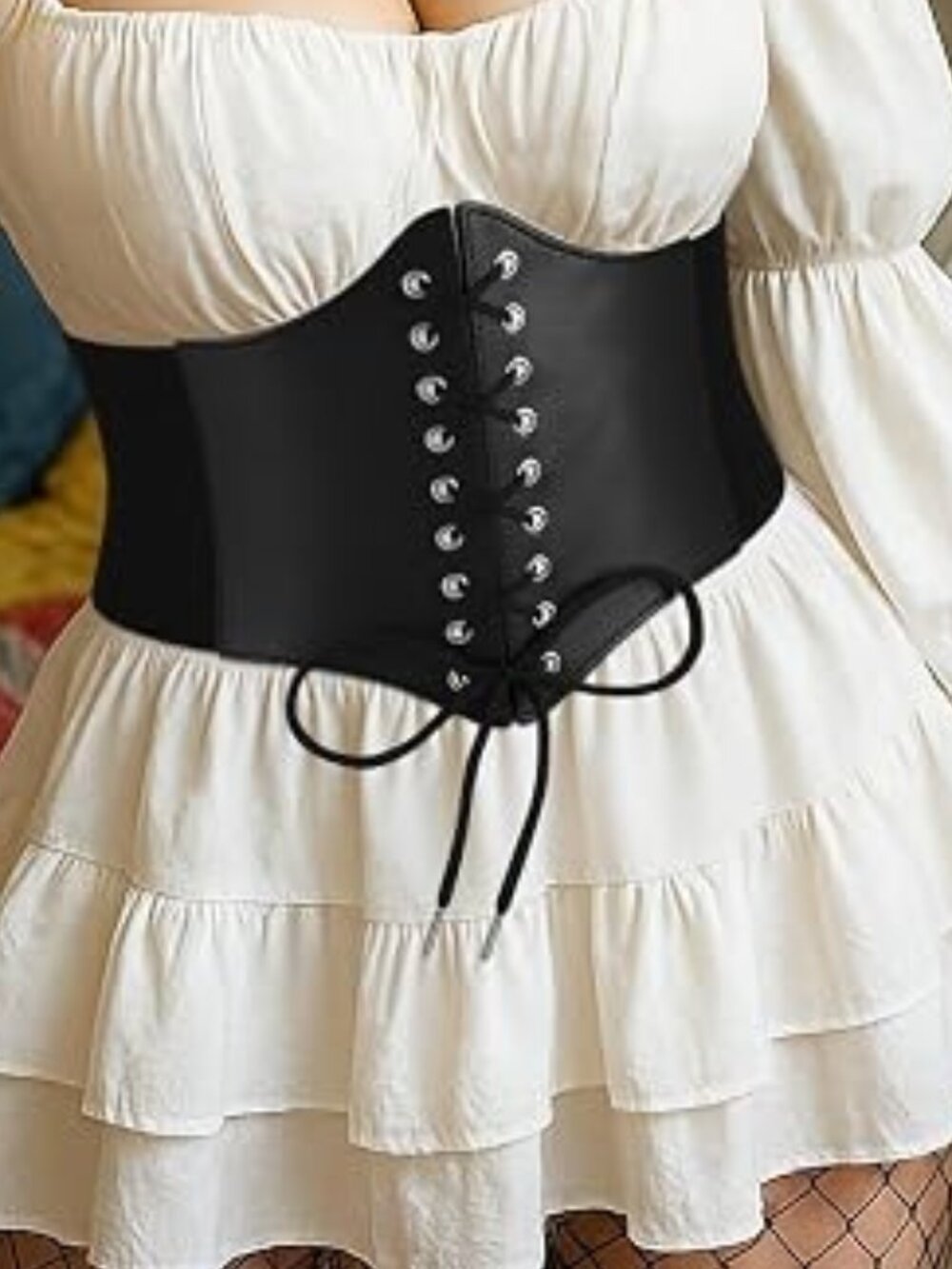 Black Corset Waist Belt for Women, Wide Elastic Tie Waspie Belt for Dresses 4.7i